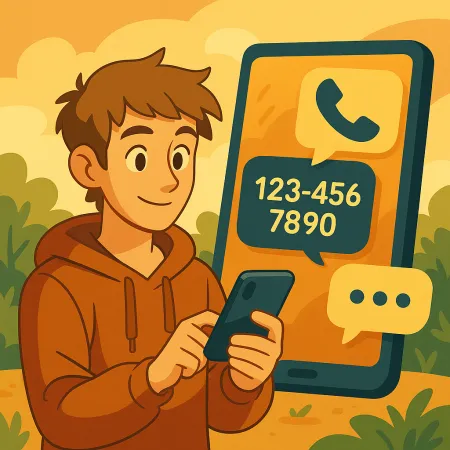 Nasmejan mladenič v kapuco, ki uporablja svoj pametni telefon, z velikim zaslonom telefona v ozadju, ki prikazuje ikono klica in izmišljen telefonski številki (123-456-7890), v stiliziranem in prijetnem zunanjem okolju