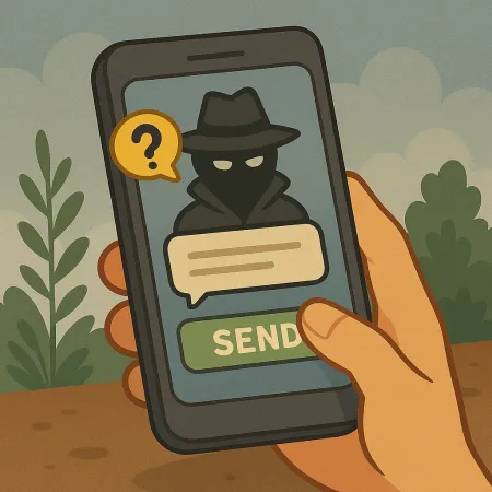 Roka drži pametni telefon, na katerem je prikazana oseba s masko v plašču in klobuku, ki predstavlja anonimnega pošiljatelja. Vidna je govorčna mehurček s vprašajem in zeleni gumb z napisom 'POŠLJI', ki nakazuje pošiljanje anonimnega sporočila.