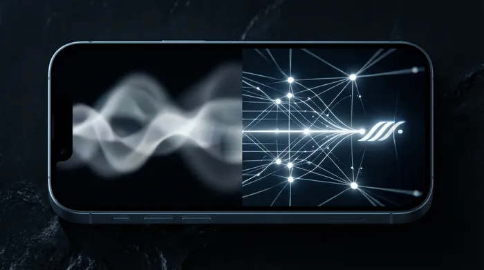 Moški v obleki upravlja s holografskim digitalnim vmesnikom z omrežnimi podatki in IP-naslovi, ki se prikazuje nad pametnim telefonom.