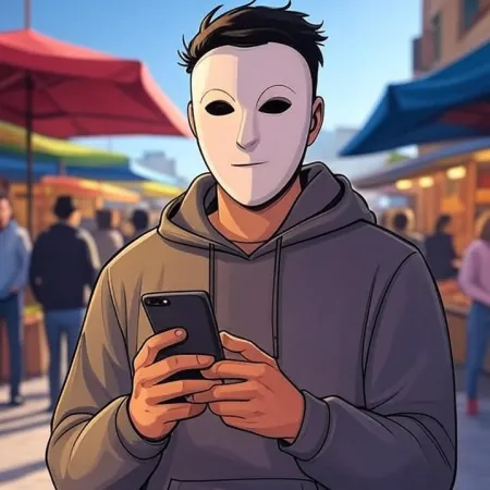 Mladenič animiranega sloga, oblečen v belo masko in sivo kapuco, gleda svoj telefon na tržnici na prostem.