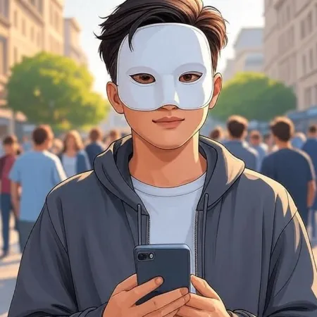 Mladi moški v animiranem slogu, ki nosi belo masko in sivo kapuco, gleda v kamero, medtem ko drži pametni telefon na prenatrpani ulici.