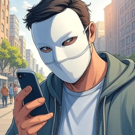 Moški v belem maski in kapuci gleda svoj mobilni telefon na ulici. Slika je narejena v slogu risanke ali stripov.
