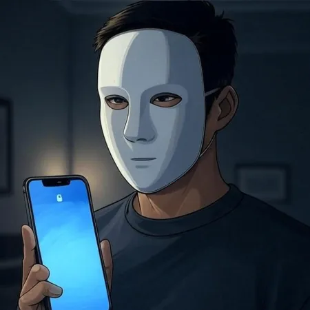 Oseba z belim masko, ki drži pametni telefon z vklopljenim zaslonom za zaklepanje.