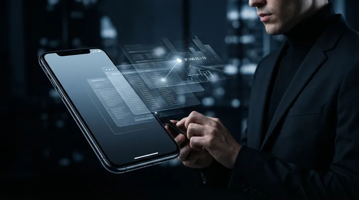 Dva pametna telefona drug ob drugem na mizi, povezana s svetlečo digitalno mrežo, ki simbolizira prenos podatkov med napravami.