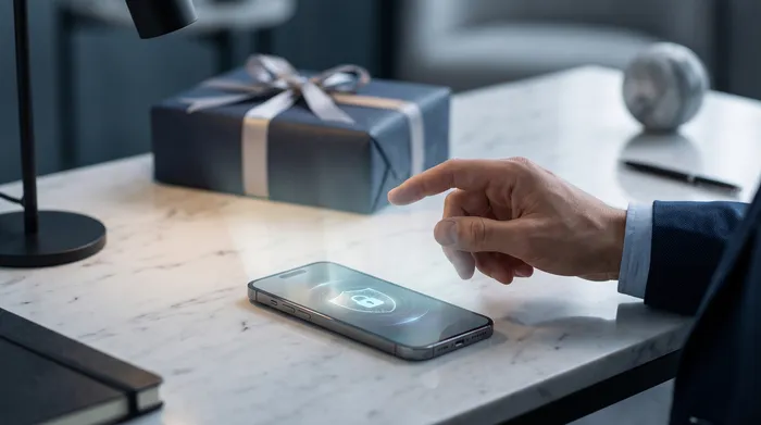 Roka, ki drži pametni telefon, na katerem je prikazan vmesnik za sporočanje s prekrivnimi tehnološkimi grafičnimi elementi, vključno s ključavnico, vezji in telefonsko številko, kar ponazarja mobilno varnost in digitalne komunikacije.