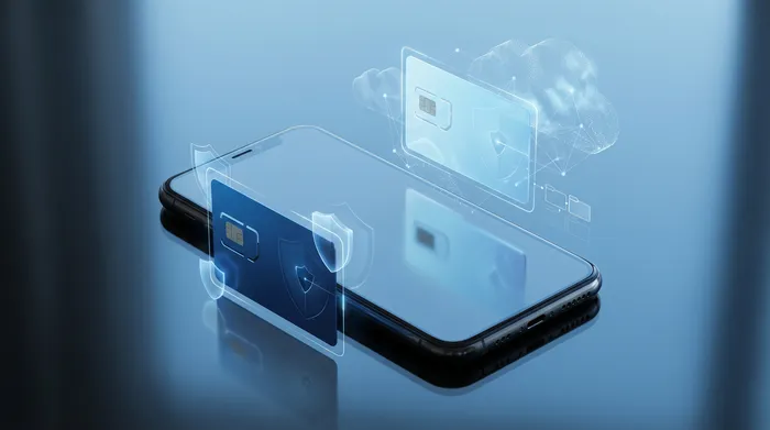 Roka, ki drži pametni telefon, na katerem je prikazan sodoben holografski vmesnik za sporočanje z oblački s pogovorom in varnostnimi ikonami.