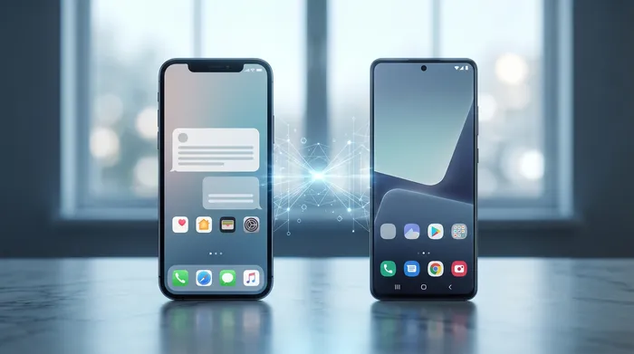 Pametni telefon z digitalnimi karticami SIM v obliki holograma, kar simbolizira varnost podatkov in shranjevanje v oblaku.