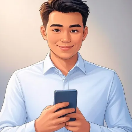 Ilustracija nasmejanega poslovneža v modri obleki, ki drži pametni telefon.