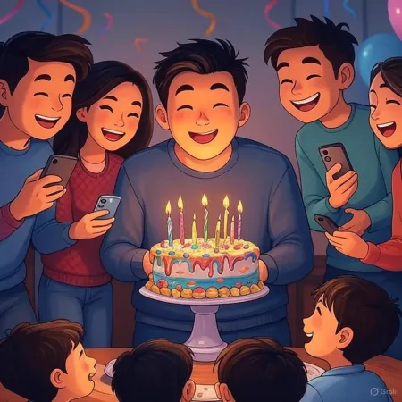 Ilustracija rojstnega dne, kjer moški s nasmehom drži torto okrašeno z vžganimi svečkami, obkrožen s prijatelji in bližnjimi, ki s svojimi telefoni fotografirajo.